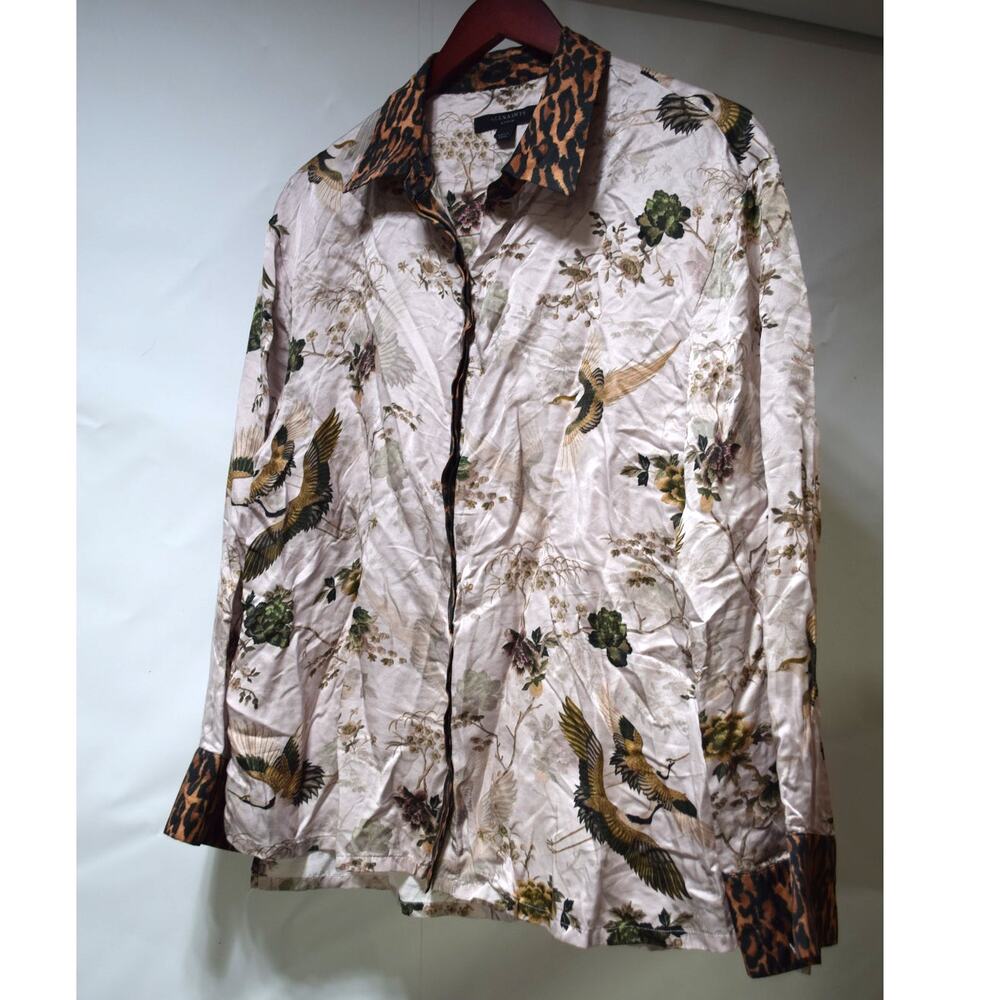 AllSaints Large Crane Bird Floral Leopard Print Tencel Silk Button Front Shirt